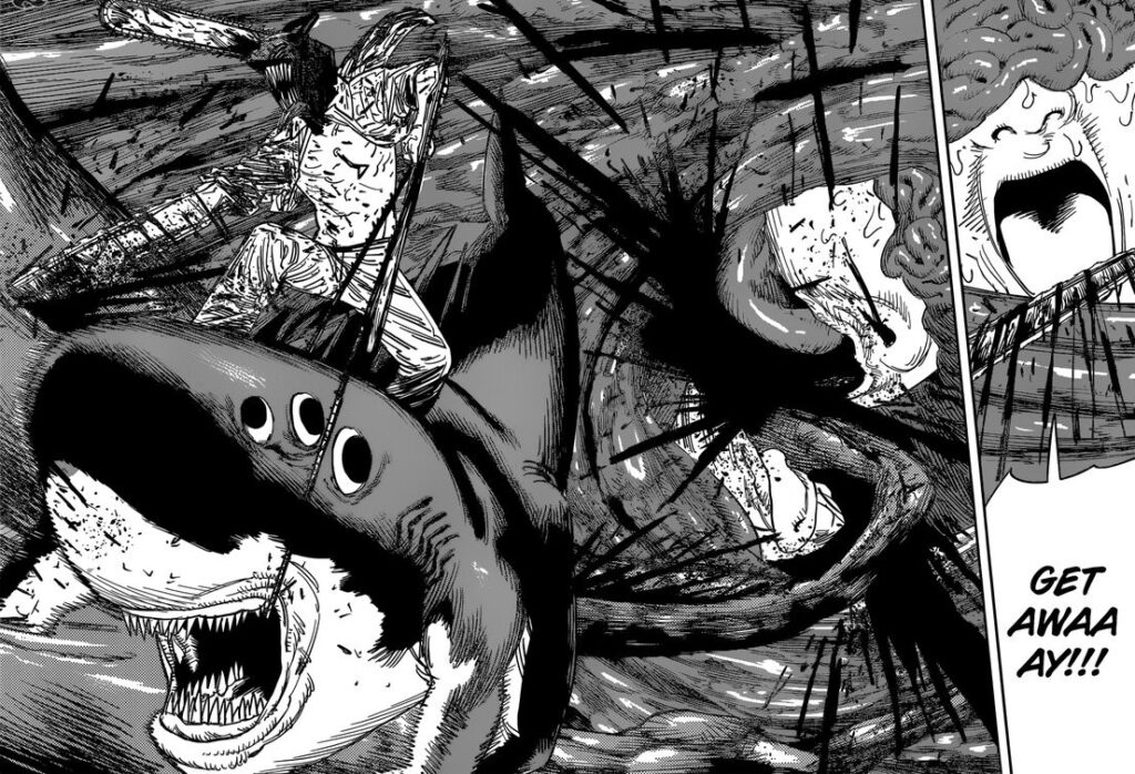 chainsaw man riding a shark, chapter name is sharknado